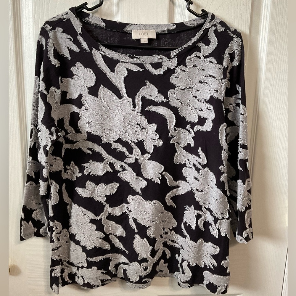 Loft top. 3/4 sleeve. Black with white embroidery. Size M.
